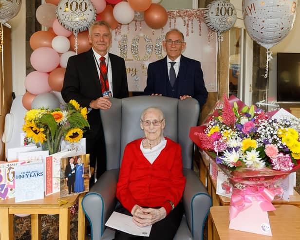 Janet Campbell celebrated her 100th birthday with a visit from Cllr Ian Cameron and Col Jim Kinloch DL (Pic: Andrew Beveridge)