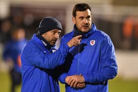 LINLITHGOW, SCOTAND - JANUARY 24: Raith's Assistant Manager Colin cameron (L) and Manager Ian Murray (R) during a Scottish Cup fourth round match between Linlithgow Rose and Raith Rovers at Prestonfield, on January 24, 2023, in Linlithgow, Scotland. (Photo by Mark Scates / SNS Group)