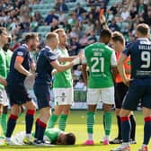 Referee Nick Walsh shows Raith Rovers' Liam Dick a red card during Sunday's Viaplay Cup second round game against Hibs at Easter Road (Pic by Ross Parker/SNS Group)