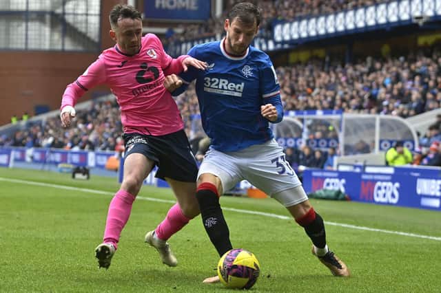 Aidan Connolly initially picked up his ankle problem in a challenge with Rangers' Borna Barisic during this Scottish Cup quarter-final at Ibrox in March (Pic Rob Casey/SNS Group)