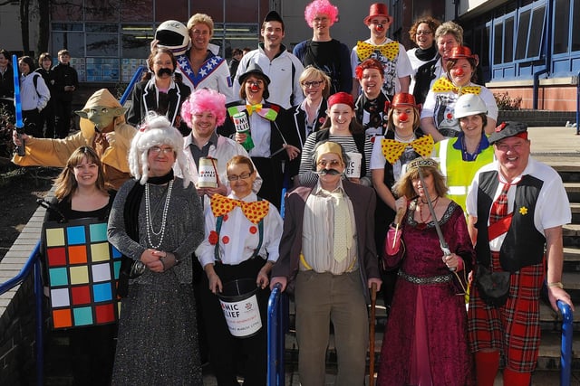 Staff at Buckhaven High School who dressed up for Red Nose Day 2011.