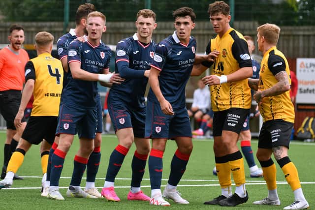 Raith Rovers' Liam Dick, Jack Hamilton and Dylan Corr awaiting a delivery into the box during the Fifers' 3-2 win at Annan Athletic on Saturday (Photo: Eddie Doig)