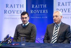 KIRKCALDY, SCOTLAND - MAY 24: Ian Murray (L) is unveiled as the new Manager of Raith Rovers with chairman Steven MacDonald at Starks Park, on May 24, 2022, in Kirkcaldy, Scotland.  (Photo by Paul Devlin / SNS Group)