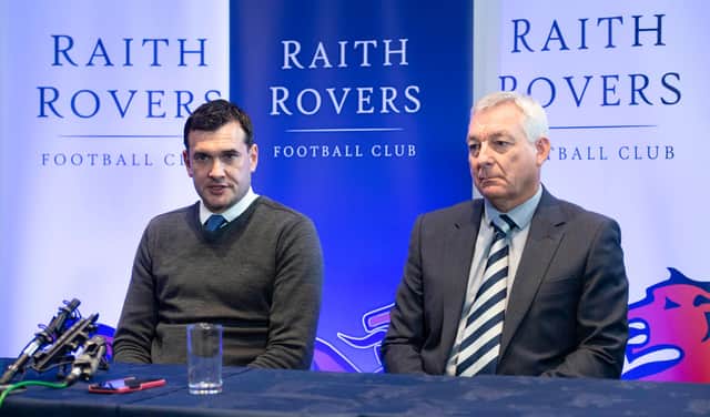 KIRKCALDY, SCOTLAND - MAY 24: Ian Murray (L) is unveiled as the new Manager of Raith Rovers with chairman Steven MacDonald at Starks Park, on May 24, 2022, in Kirkcaldy, Scotland.  (Photo by Paul Devlin / SNS Group)