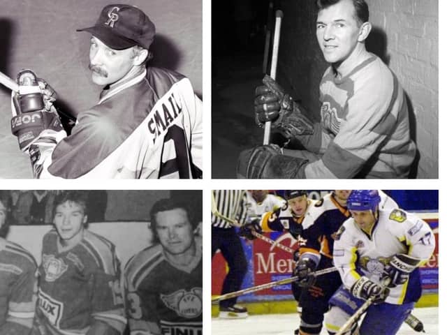 Flyers legends (clockwise from top left): Doug Smail, Bert Smith, Dave Stoyanovich, Danny Brown and Ron Plumb, and Mark Morrison (Pic s: Fife Free Press)