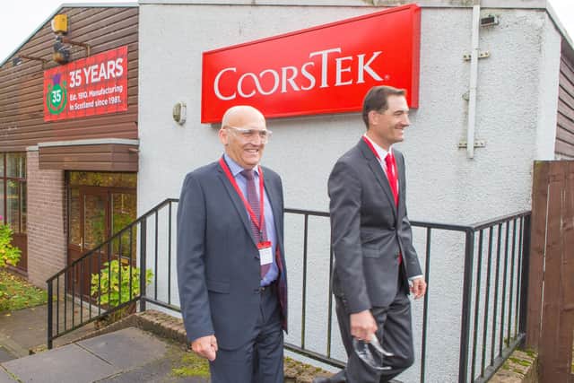 Pictured is CoorsTek Exective VP Andreas Schneider (left) and Timothy Coors (CEO Automotice Electrical Household Durables Group) in October 2016 when the firm was recognised by Fife Council for 35 years of business in the town.
