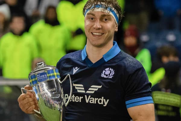 Scotland captain Jamie Ritchie with the Doddie Weir Cup after his side's 35-7 win against Wales at Edinburgh's Murrayfield Stadium on Saturday (Photo: Ross MacDonald/SNS Group/SRU)