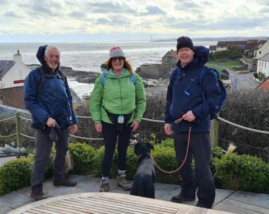 Three members of the Rotary Club of Kirkcaldy  - Bill Stewart, Caroline King and Mark Rossiter walked the Fife Coastal Path to raise funds for their club. Pic: George McLuskie.