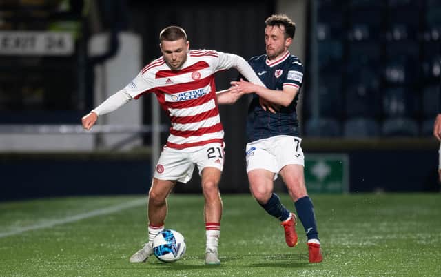 Hamilton's Connor Smith (L) and Raith's Connor Smith (R) during a cinch Championship match between Raith Rovers and Hamilton  at Stark's Park, on April 04, 2023, in Kirkcaldy, Scotland. (Photo by Ross Parker / SNS Group)