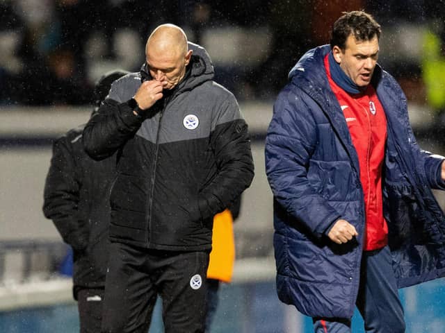 KIRKCALDY, SCOTLAND - DECEMBER 22: Raith manager Ian Murray (R) celebrates as Ayr manager Lee Bullen looks dejected during a cinch Championship match between Raith Rovers and Ayr United at Stark's Park, on December 22, 2023, in Kirkcaldy, Scotland. (Photo by Mark Scates / SNS Group)