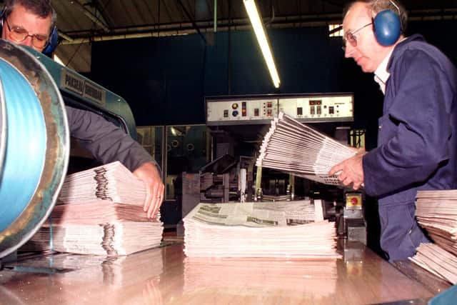 Fife Free Press -  Bob Provan and Davie Duncan with the papers coming off the press at  Mitchelston in 1999