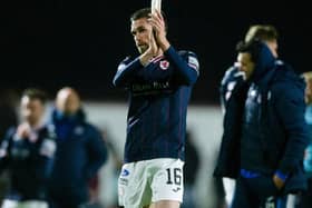 Raith Rovers midfielder Sam Stanton applauding fans at Arbroath after his side's first victory there for almost four years last night (Photo by Ewan Bootman/SNS Group)