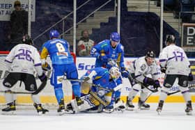 Shane Owen in the thick of the action against Manchester Storm (Pic: Jillian McFarlane)