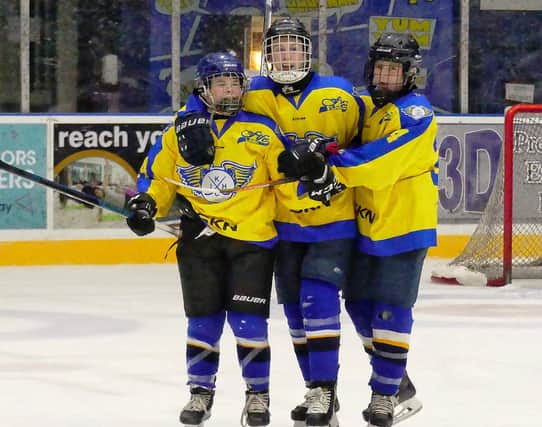 Fife Flames players celebrate after scoring against Murrayfield (Pic: Craig McGowan)