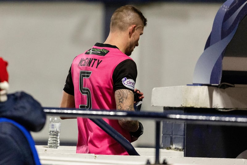KIRKCALDY, SCOTLAND - DECEMBER 22: Ayr's Sean McGinty looks dejected after being sent off during a cinch Championship match between Raith Rovers and Ayr United at Stark's Park, on December 22, 2023, in Kirkcaldy, Scotland. (Photo by Mark Scates / SNS Group)
