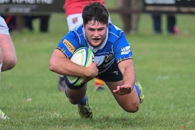 Fraser Allan scoring a try for Howe of Fife during their 48-38 loss at home to Stewart’s Melville at Cupar’s Duffus Park a week ago on Saturday (Photo: Chris Reekie)