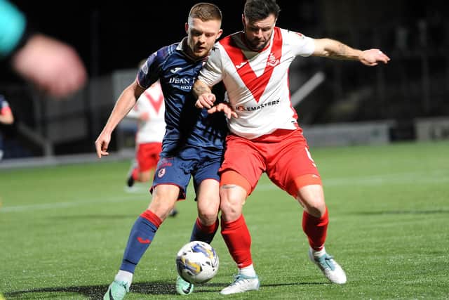 Callum Smith and Callum Fordyce  vying for the ball during Raith Rovers' 1-0 SPFL Trust Trophy semi-final defeat at home to Airdrieonians on Friday (Pic: Fife Photo Agency)
