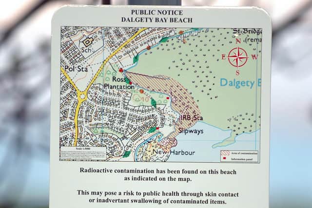 A SEPA sign warns of radiation of Dalgety Bay Beach