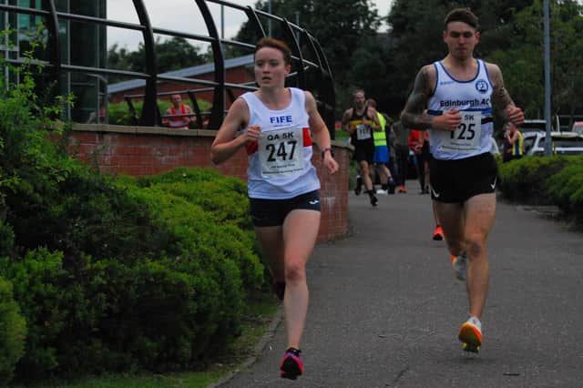 Fife AC runner Annabel Simpson on her way to finishing first female overall at Queen Anne 5k in 16:18 (Pics by G-Bax Photography)