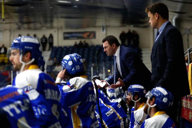 Jeff Hutchins, centre, on the bench at a Fife Flyers game at Fife Ice Arena (Pic: Steve Gunn)