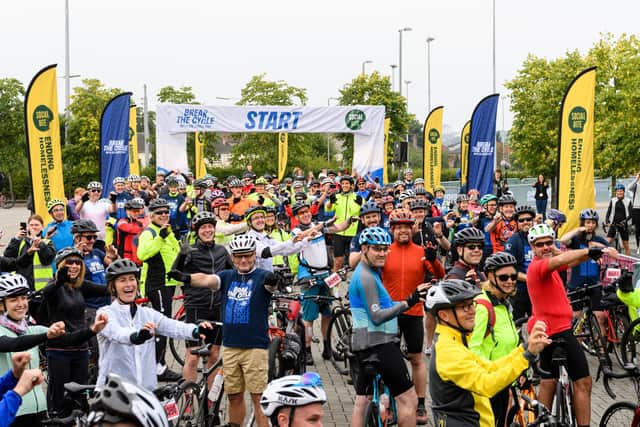 Hundreds of cyclists participated in the Glasgow-Edinburgh fundraiser in aid of Social Bite. Picture: Ian Georgeson.
