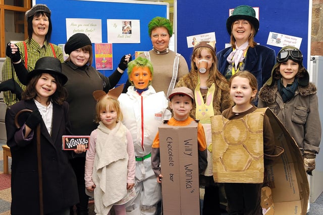 Kids and staff at Auchtermuchty PS on their Roald Dahl themed World Book Day in 2010.
