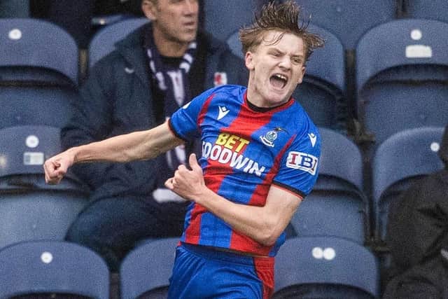 Alfie Stewart celebrating after scoring the first of his two goals for Inverness Caledonian Thistle away to Raith Rovers in Kirkcaldy on Saturday (Photo: Mark Scates/SNS Group)