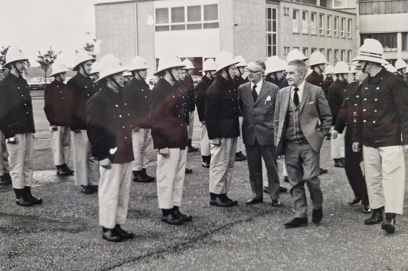 A 1978 inspection of the ranks of firefighters at the former Fife Fire Brigade HQ in Thornton.