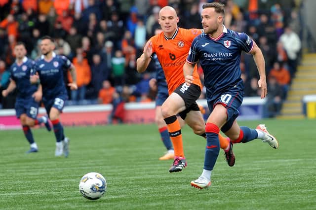 Goal-scorer Lewis Vaughan leading a second-half attack during Raith Rovers' 1-1 draw at home to Dundee United at Kirkcaldy's Stark's Park on Saturday (Pic: Fife Photo Agency)