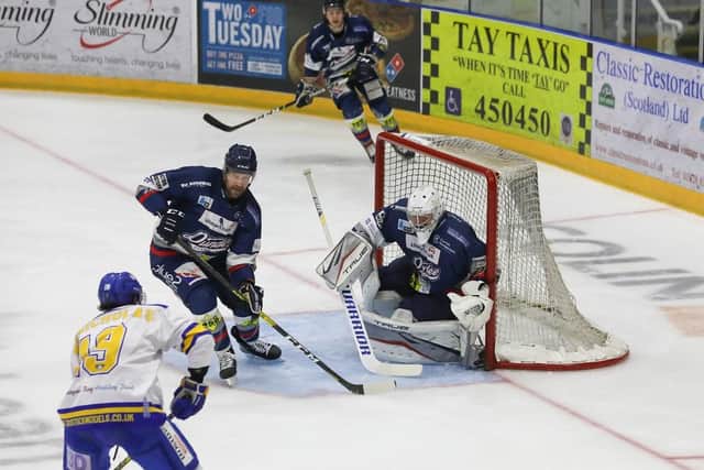 Mike McNicholas goes for goal against Dundee Stars in Monday's 6-3 win on the road (Pic: Derek Black)
