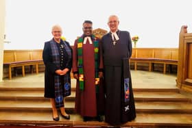 Fife Presbytery Moderator Lorraine Fraser and Rt Rev Iain Greenshields, the Moderator of the General Assembly of the Church of Scotland, join Rev Josh Milton (centre) to celebrate his induction to Templehall and Torbain Parish Church.