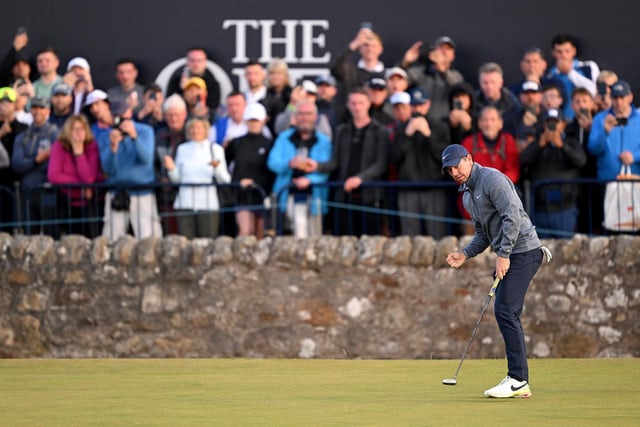Rory McIlroy of Northern Ireland celebrates on the 17th green during Day Two of The 150th Open at St Andrews Old Course on July 15, 2022 in St Andrews, Scotland. (Photo by Ross Kinnaird/Getty Images)