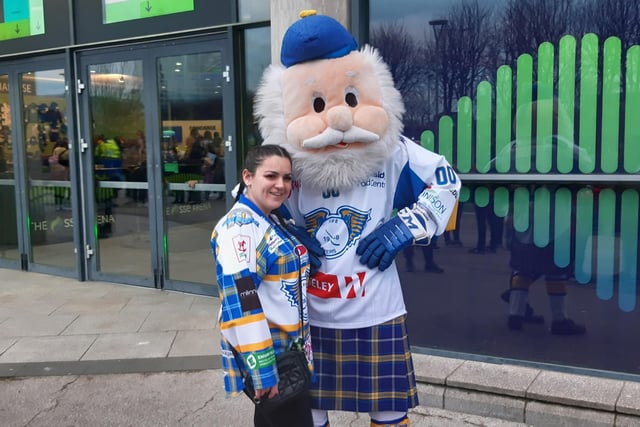 Mascot Geordie Munro was kept busy with photos outside the arena before face off