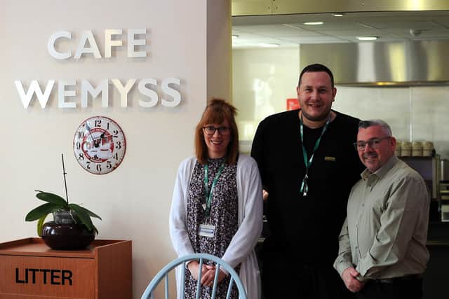 Pictured inside the refurbished Cafe Wemyss at Kirkcaldy Galleries is: Jacqueline Wishart, Andrew Banks and catering manager Andrew Gernon. Pic: Fife Photo Agency