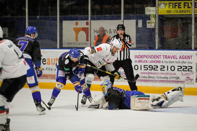 Netminder Shane Owen in the thick of the action against Belfast Giants (Pic: Jillian McFarlane)