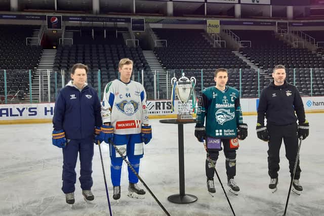 Captains and coaches with the Challenge Cup - Todd Dutiaume and Jonas Emmerdahl for Fife, David Goodwin and Adam Keefe for Belfast (Pic: Fife Free Press)
