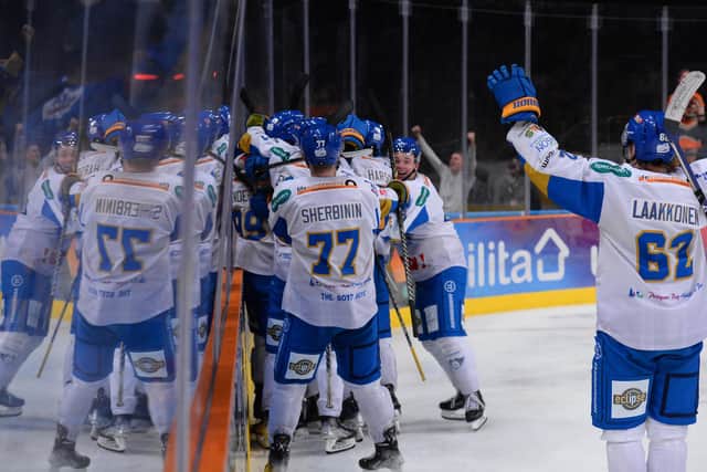 Fife Flyers celebrate victory in the semi-finals in Sheffield (Pic: Dean Woolley)
