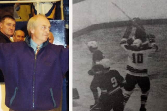 Les Lovell called time on a 20-year career in ice hockey with a trophy-laden season at Fife Flyers. He is also pictured scoring against Dundee Rockets in a 1970s match. (Pic: Fife Free Press archives)