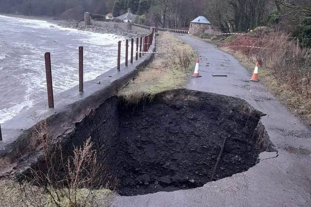 The large hole which appeared on the Fife Coastal Path between Dysart and West Wemyss has now been repaired. Fife Coast and Countryside Trust said the erosion happened after sea wall was damaged which allowed the sea to suck/hoover out the path materials behind the damaged wall. Picture: Fife Jammer Locations.