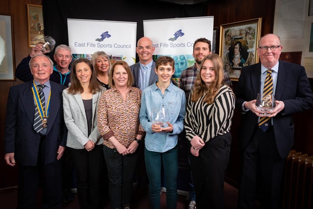 Club project: Ewen Sparks, Craig Trewartha and Paul Stone from East Fife Triathlon[front row from left] Bill McSeveney from Rotary Club of Cupar,, Sharon Hedley, Claire Doig, Isla Hedley and Orla Suttie from Step Rock ASC, Robbie Nellies from Falkland Cricket Club