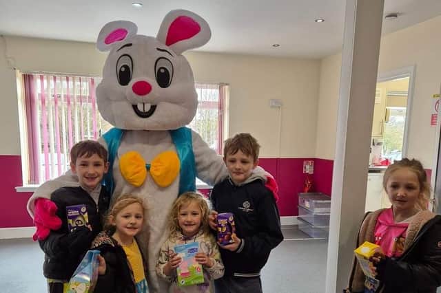 Youngsters at the Linton Lane Centre met the Easter Bunny after completing the annual trail organised by the Rabbit Braes Development Group and Linton Lane Centre.  (Pic: submitted)