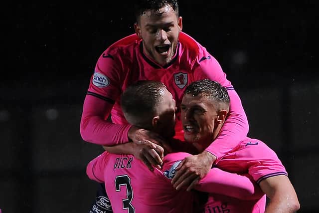 Tom Lang celebrating with Liam Dick and Jamie Gullan after a 19th-minute Brian Schwake own goal put Raith Rovers 1-0 up against Greenock Morton (Pic: Fife Photo Agency)