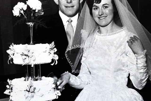 Jimmy & Maureen Taylor on their wedding day, 16 March 1963, at St Johns church, (now Bennochy church) Kirkcaldy (Pic: Fife Photo Agency)