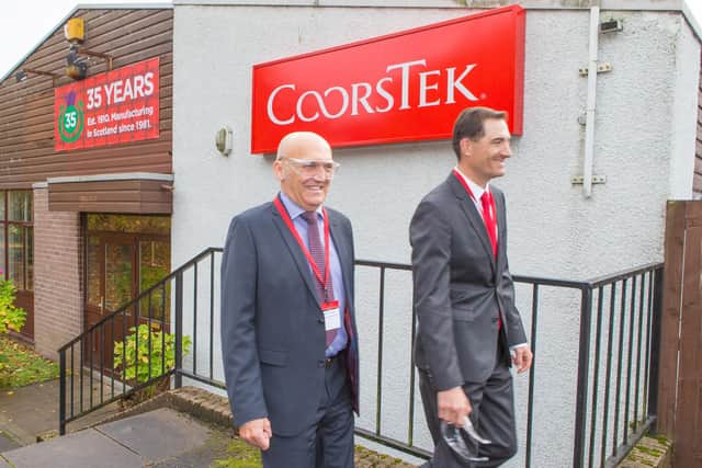 Coorstek’s executive vice-president Andreas Schneider (left) and chief executive officer Timothy Coors on a visit to the Glenrothes plant in 2016.