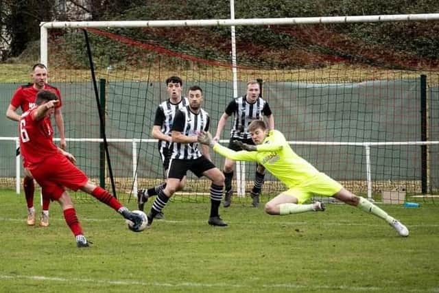 Kirkcaldy & Dysart's Jason Nouri has shot saved against Leith Athletic last weekend (Pics by Julie Russell)
