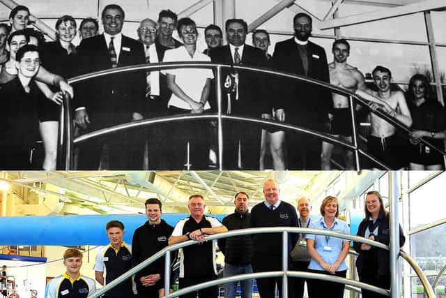 Then and now - staff at the opening of the Beacon Centre in 1997 and the current staff at the same bridge (Pics: FFP/Fife Photo Agency)