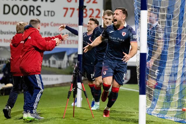 KIRKCALDY, SCOTLAND - DECEMBER 22: Raith's Lewis Vaughan (C) celebrates scoring to make it 2-1 during a cinch Championship match between Raith Rovers and Ayr United at Stark's Park, on December 22, 2023, in Kirkcaldy, Scotland. (Photo by Mark Scates / SNS Group)