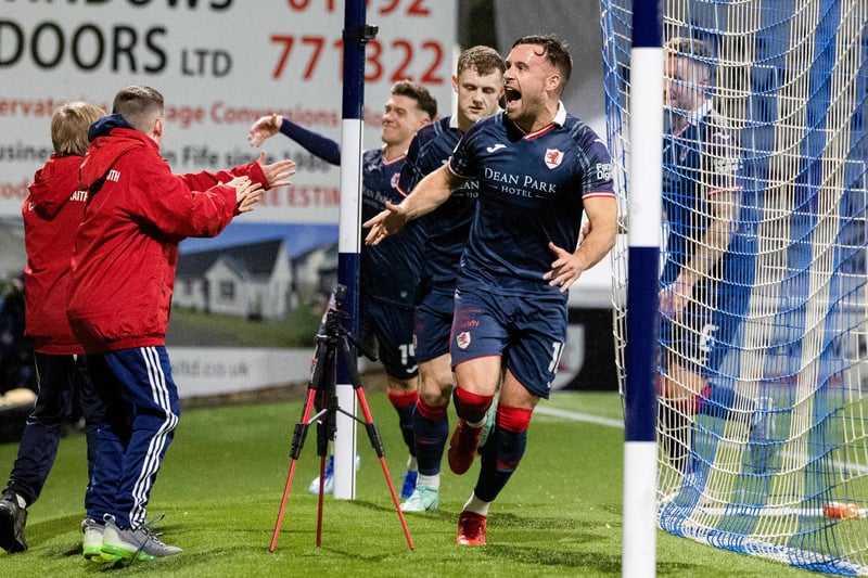 KIRKCALDY, SCOTLAND - DECEMBER 22: Raith's Lewis Vaughan (C) celebrates scoring to make it 2-1 during a cinch Championship match between Raith Rovers and Ayr United at Stark's Park, on December 22, 2023, in Kirkcaldy, Scotland. (Photo by Mark Scates / SNS Group)