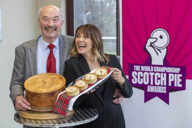 Carol Smillie with Allan Pirie from James Pirie & Son who won The World Championship Scotch Pie Award.