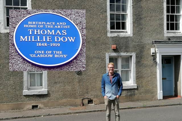 Matt Kirkbride,  owner or Orchard Croft in Dysart has put up a blue plaque to painter Thomas Millie Dow who was born, and lived there.